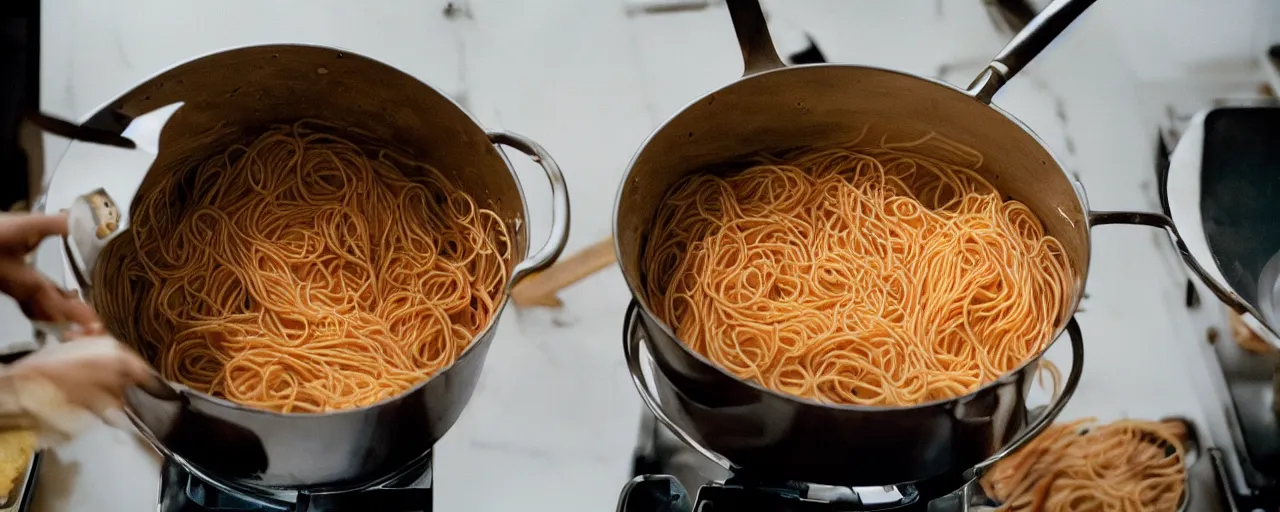 Image similar to medium shot of spaghetti being cooked in a large pot, home kitchen, sharply focused, canon 5 0 mm, wes anderson film, kodachrome