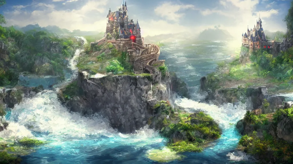 Image similar to floating castle with rivers flowing underneath, water falls, fantasy artwork, award winning, very very very very very very very beautiful scenery, hd, 4k, 8k, artstation