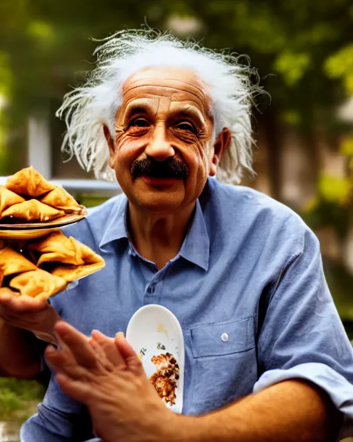 Prompt: A photo of Albert Einstein with a plate full of Samosas, highly detailed, trending on artstation, bokeh, 90mm, f/1.4