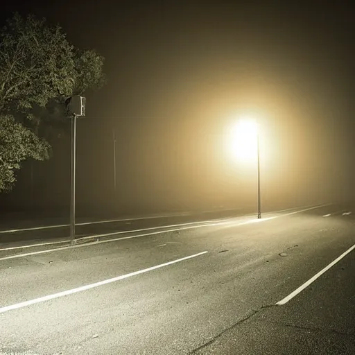 Image similar to A stunningly beautiful award-winning 8K high angle close up cinematic movie photograph of a spooky foggy empty lightless moonlit main intersection in an abandoned 1950s small town at night. perfect composition, shot from roofline, moody low key backlit. Color palette from Seven, greens yellows and reds. 2 point perspective, high angle from 15 feet off the ground. Octane render