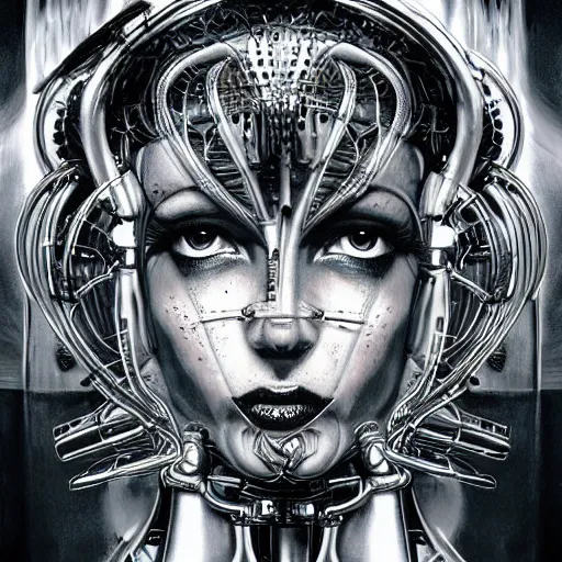 Prompt: britney spears encased in biomechanical machine, heavy conduits, complex scene, rich composition, heavy in detail, evil, corruption, decay, grime, sharp focus, airbrush, illustration, symmetrical, portrait, art by h. r. giger