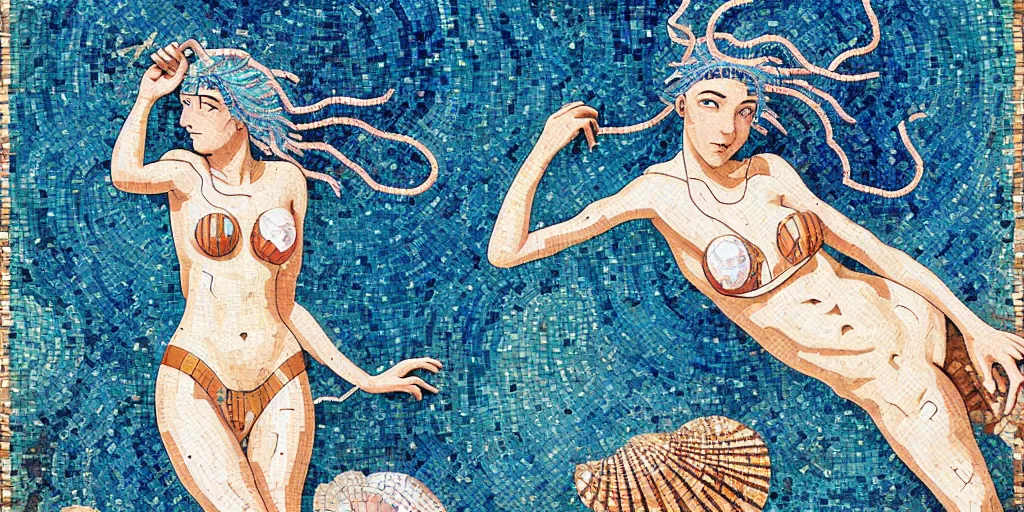 Prompt: ancient roman mosaic of bluehair mermaid with a shell bikini on sea floor, low ceiling, illustration by moebius, victo ngai, josan gonzales, katsuhiro otomo, clean thick line