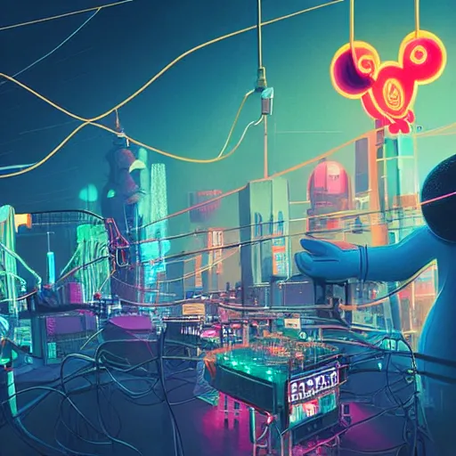 Prompt: people building mickey mouse head, on a scene, cables hanging and a neon logo in the background, beeple daily art, sci fi, cyberpunk