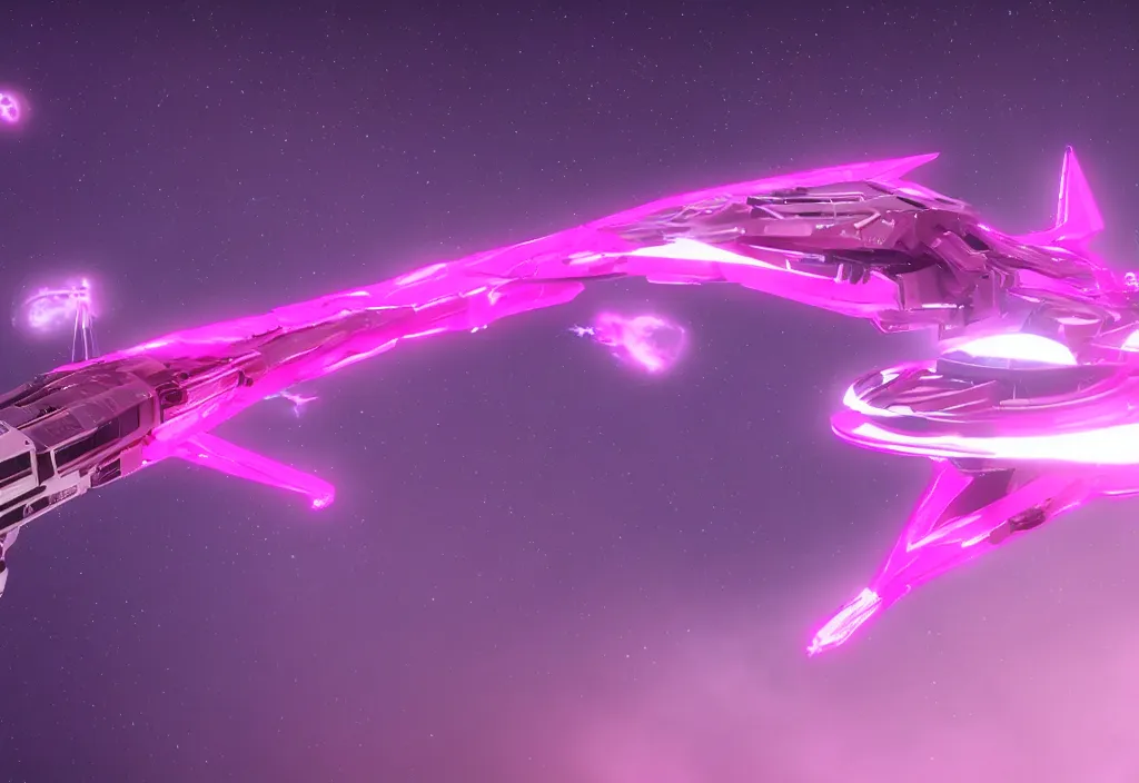 Prompt: a futuristic unicorn pink spaceship made on fiber optic in space, cinematic, unreal engine 5