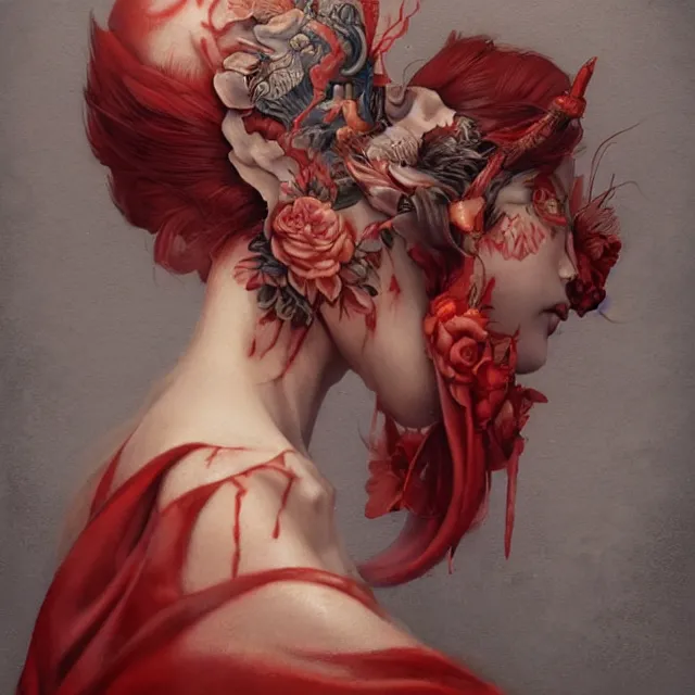 Image similar to ultra realistic illustration, beautifulwoman dressed in red kimono, backview, tattoos, in the style of peter mohrbacher by weta digital and beth cavener, high face symmetry, intricate, masterpiece, award winning, high face symmetry, intricate