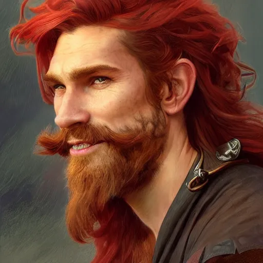 Prompt: portrait of a young ruggedly handsome but joyful pirate, male, masculine, upper body, red hair, long hair, d & d, fantasy, dirty smirk, intricate, elegant, highly detailed, digital painting, artstation, concept art, matte, sharp focus, illustration, art by artgerm and greg rutkowski and alphonse mucha