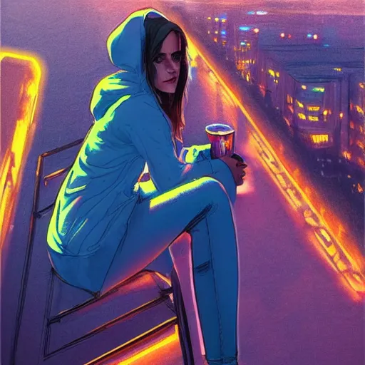 Image similar to emma watson in jeans and hoodie sitting on the balcony of a hotel at night, top view, neon and rainy theme atmosphere by Jerome Opeña, featured on artstation