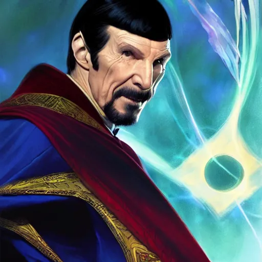 Image similar to portrait of leonard nimoy as doctor strange. portrait, concept art, sharp focus, smooth, artstation, by alex ross, by huang guangjian and gil elvgren and sachin teng