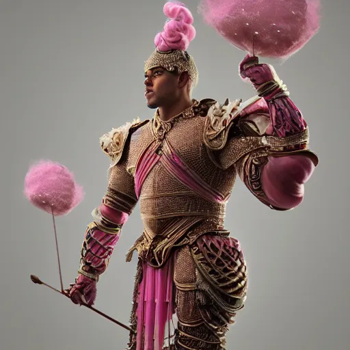 Prompt: a majestic soman wearing an intricate and detailed armor made of candy floss. layers. textures. delicate. elaborate. studio portrait. photorealistic. octane render