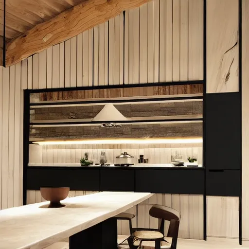 Prompt: kitchen, stone, interior design, stylish luxury hotel kitchen design, yakisugi, black vertical slatted timber, textures, feminine, black walls, art, Japanese pottery vase with flowers, kakejiku, seasonal, Japanese influences