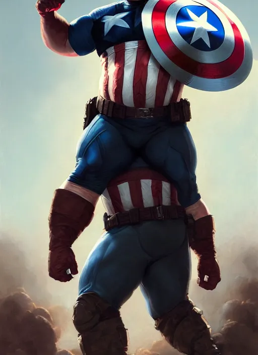 Prompt: Portrait of Fat Danny Devito with his belly sticking out as Captain America, He is Holding his shield while posing, realistic, detailed, 4k by Greg Rutkowski Mark Arian trending on artstation