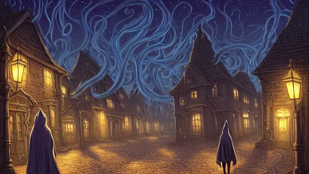 Prompt: lady dressed in long hooded cloak walks in empty lovecraftian town square surrounded by houses and inns.. cthulhu statue.. lovecraftian city at night by cyril rolando and naomi okubo and dan mumford and ricardo bofill.. lovecraft.. cobbled streets.. oil lamp posts.. lovecraftian.. starry night swirly sky.