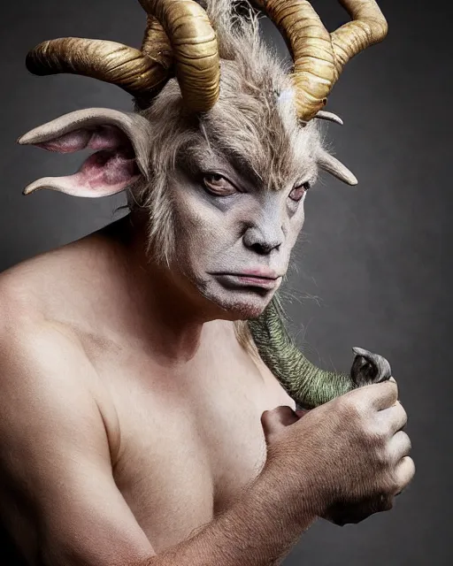 Image similar to Donald Trump in Elaborate Pan Satyr Goat Man Makeup and prosthetics designed by Rick Baker, Hyperreal, Head Shots Photographed in the Style of Annie Leibovitz, Studio Lighting