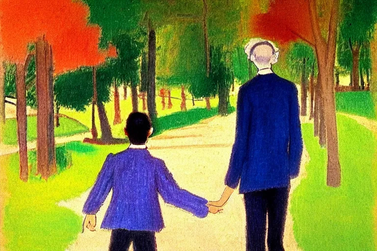 Prompt: a very tall man with dark hair holding the hands of a short young boy as they walk in a park on a bright beautiful colorful day. part in the style of an edgar degas painting. part in the style of david hockney