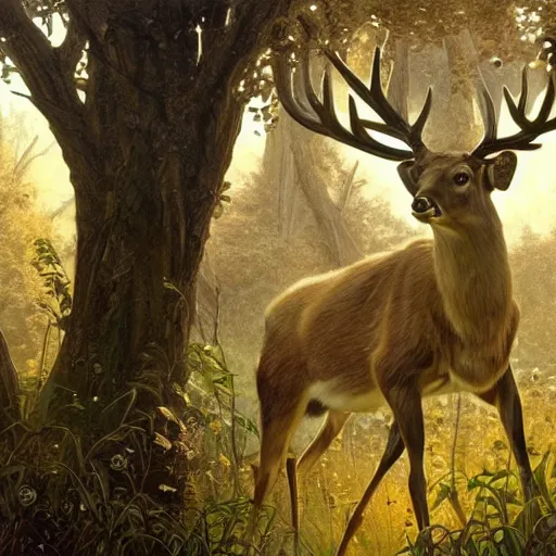 Image similar to a beautiful landscape including a tree of life, a stealthy hunter walking towards a magnificiant deer witha golden antlers, deep focus, intricate, elegant, highly detailed, digital painting, artstation, concept art, matte, sharp focus, illustration, art by artgerm and greg rutkowski and alphonse mucha