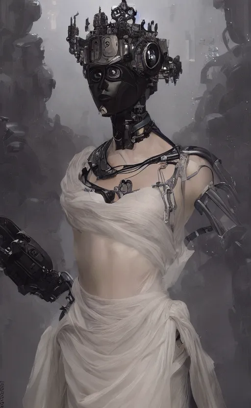 Image similar to a dark beautiful painting of a crowned robotic cyberpunk princess in a flowing gown, intricate, elegant, highly detailed, digital painting, artstation, concept art, by krenz cushart and artem demura and william adolph bouguereau