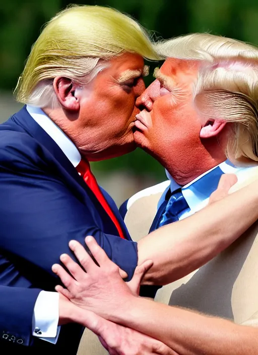 Prompt: beautiful high quality photo of donald trump kissing donald trump.