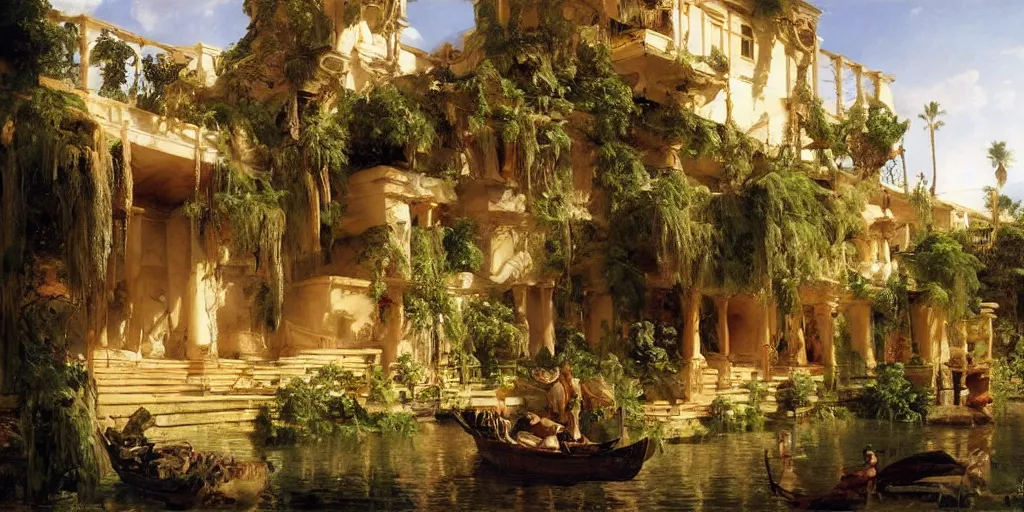 Image similar to beautiful landscape oil matte painting, of bustling empire hanging gardens of babylon, art by anders zorn, wonderful masterpiece highly detailed, beautiful cinematic light deep focus, elegant, digital painting, smooth, sharp focus, golden ratio, dramatic illumination, ultra realistic, 8 k, art by artemisia lomi gentileschi and caravaggio