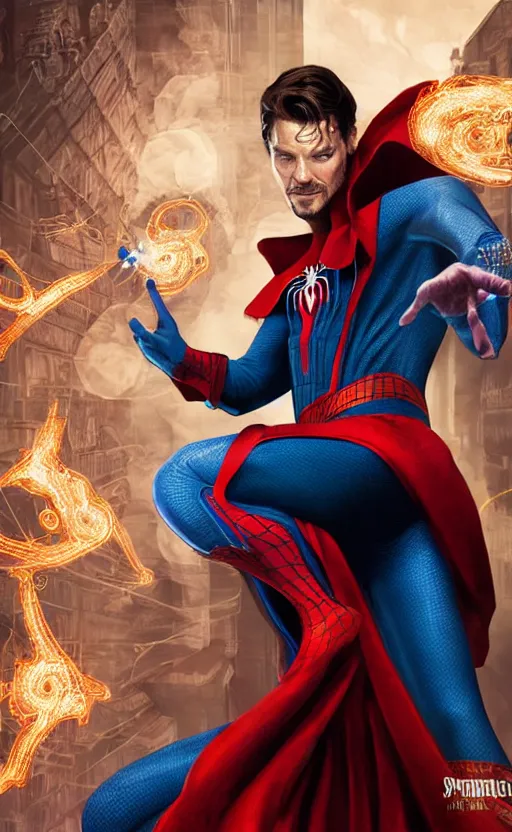 Image similar to spiderman as doctor strange, using his mystic arts, dynamic lighting, photorealistic fantasy concept art, trending on art station, stunning visuals, creative, cinematic, ultra detailed