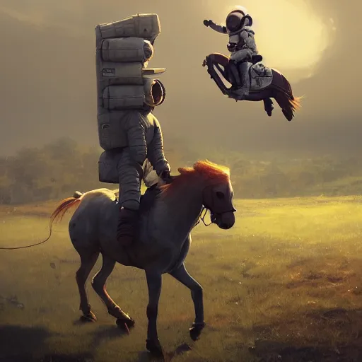 Image similar to an astronaut boy riding on a horse, style game square enix life, trending on artstation, painted by greg rutkowski, render naughty dog, octane render, detailed