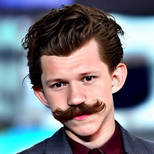 Image similar to tom holland with a big curly mustache