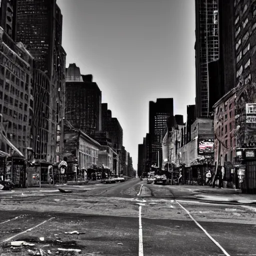 Image similar to color photograph, highly detailed abandoned New York city street at night after the war between humans and AIs, film grain, soft vignette, Canon EOS Digital Rebel XTi, 100-300mm Canon f/5.6, Exposure time: 1/160, ISO 400