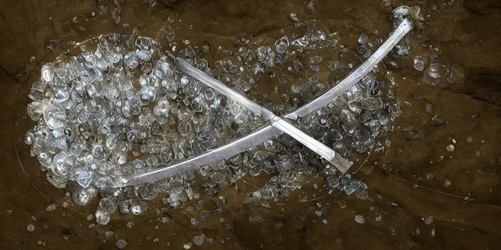 Prompt: a legendary longsword engulfed in spiral of water streams, its handle is made out of crystals,