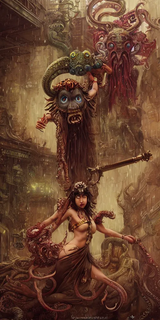 Image similar to hyper realistic Princess Mononoke attacking Cthulhu with a golden sword, ornate mask, wet market street, rainy atmosphere, cyberpunk metropolis, city landscape, jewels, full body pose, style of tom bagshaw, mucha, james gurney, norman rockwell, denoised, sharp