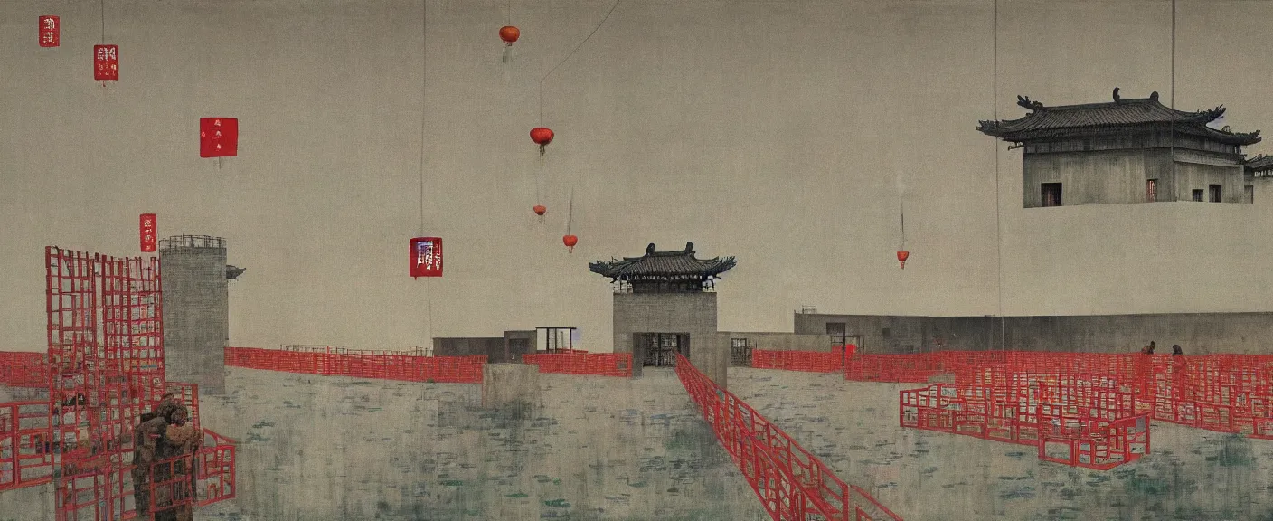 Image similar to a chinese prison near a river by peter doig, muted colors, overlaid with chinese adverts