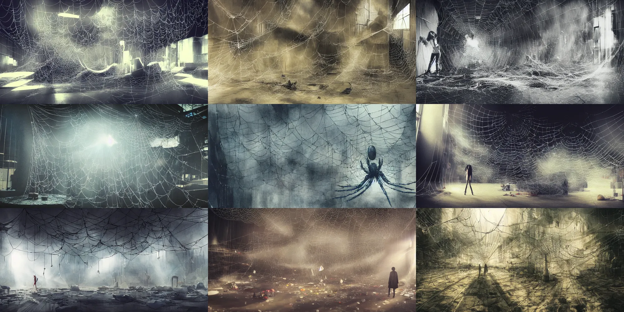 Prompt: anime movie scene, mamoru oshii, otomo, ultra wide, vanishing point, cocoons hang from ceiling, watercolor, spiderwebs, arachnophobia, dripping, sewer pipe entrance, giant spider foreground, shelob, sun beam, dusty volumetric light, back lit, paper texture, spider nest, deserted shinjuku junk, brutalist, golden ratio