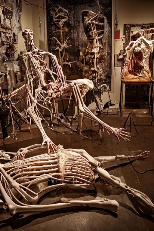 Image similar to inside a museum, a room where anatomical flesh body parts are piece of arts at night biomechanical, filth and grim, wires and strings, very detailed, ultra realistic photography, grainy image