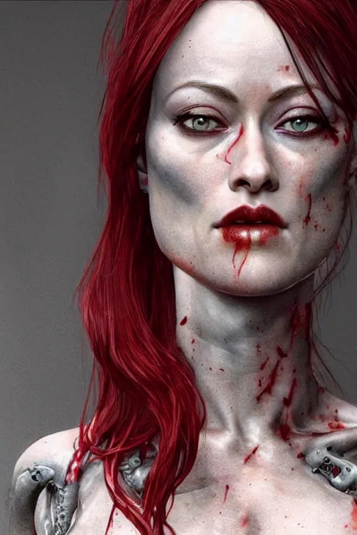 Image similar to pale woman covered with blood, olivia wilde face!!!, red hair, skeleton tattoo!, ultra realistic, concept art, intricate details, highly detailed, 4 5 mm. photorealistic, octane render, 8 k, unreal engine. film still, heavy grain, 3 5 mm, art by artgerm and greg rutkowski and alphonse mucha