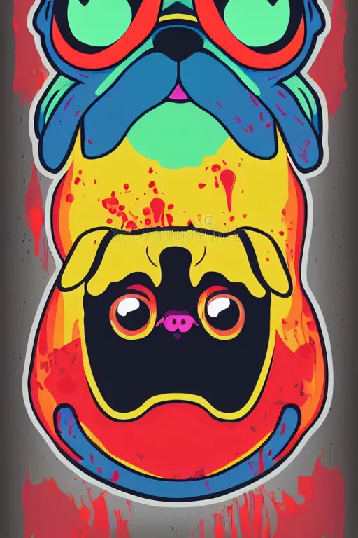 Image similar to Evil pug, sticker, blood thirsty, blood, evil, colorful, illustration, highly detailed, simple, smooth and clean vector curves, no jagged lines, vector art, smooth