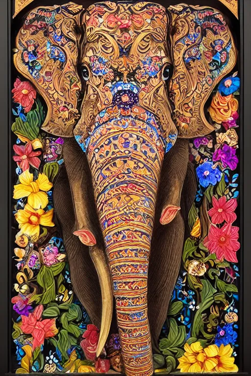 Image similar to Painted dark-wood panel relief carving of a Flowerpunk Matriarch Elephant, ornate border frame, explosion of colorful flowers, dark wood, intricately carved, black ink, festival of rich colors, intricate details, cinematic lighting, volumetric lighting, post-processing, by andreas rocha and john howe, and Martin Johnson Heade, featured on artstation, featured on behance, golden ratio, hyper detailed, photorealistic, epic composition, center spotlight, f32, well composed, UE5, 8k