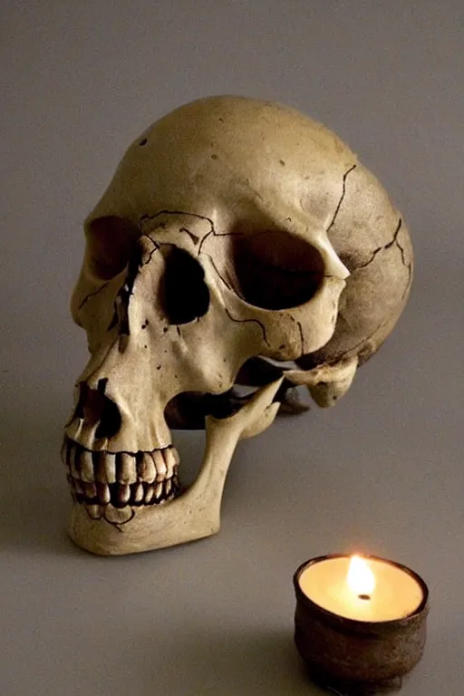 Image similar to animal skull with candles set in its eye sockets, haunting, dim lighting, atmospheric,