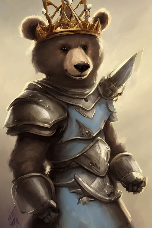 Image similar to cute little anthropomorphic bear knight wearing a cape and a crown, tiny, small, miniature bear, baby animal, short, pale blue armor, cute and adorable, pretty, beautiful, DnD character art portrait, matte fantasy painting, DeviantArt Artstation, by Jason Felix by Steve Argyle by Tyler Jacobson by Peter Mohrbacher, cinematic lighting