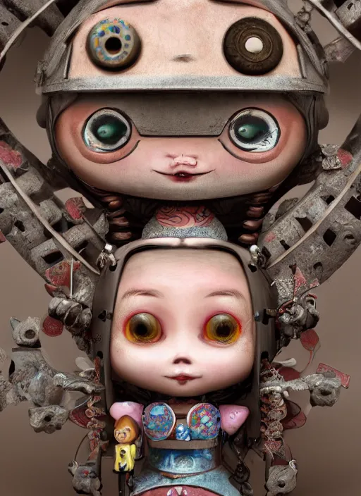 Image similar to closeup portrait of tin toy ninja girl trap, depth of field, zeiss lens, detailed, symmetrical, centered, fashion photoshoot, by nicoletta ceccoli, mark ryden, lostfish, breathtaking, 8 k resolution, extremely detailed, beautiful, establishing shot, artistic, hyperrealistic, octane render