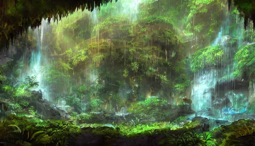 Image similar to concept art of a huge underground jungle cave with waterfalls, luminescent plants, colorful, high detailed, ultra realistic