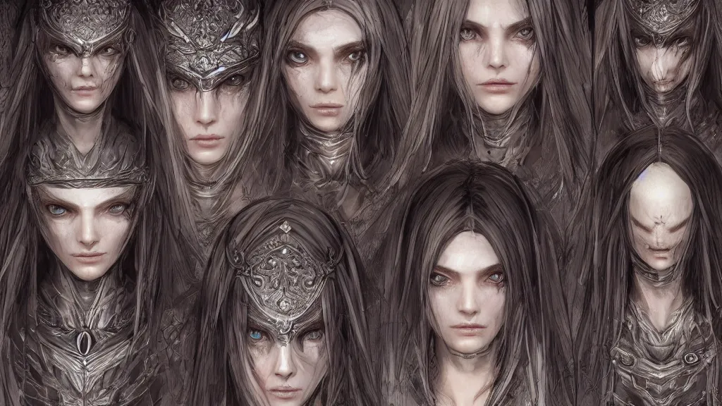Prompt: concept art sheet, photorealistic symmetrical beautiful teenage face, symmetric eyes, female priestess with shiny hair wearing full intricate clothing, intricate, cg society, Elden Ring, darksouls, bloodborne