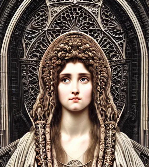 Image similar to hyperrealistic detailed face portrait of a beautiful long haired young goddess morphing into a gothic cathedral, authentic ornamental architecture, art by ernst haeckel, john william godward, h. r. giger, gothic, neo - gothic, heavily ornamental,