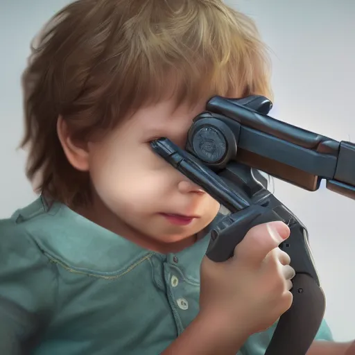 Prompt: photograph of an infant holding a revolver, 4k, 8k, photorealistic, artstation, high quality