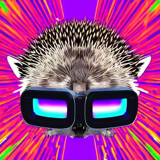 Prompt: hedgehog in VR glasses, synthwave, cyberpunk, digital art