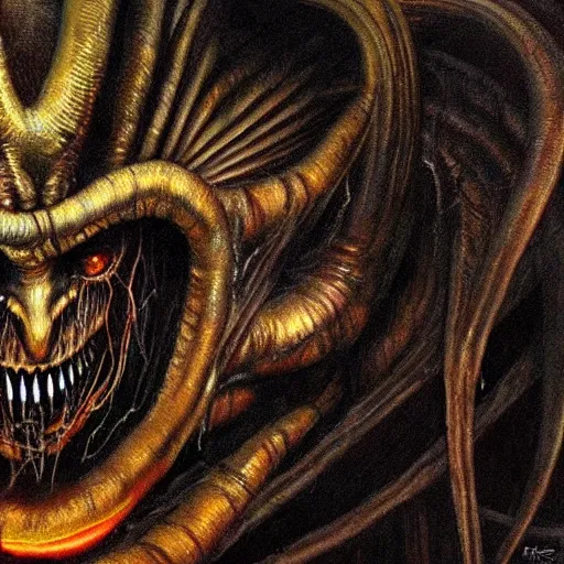 Image similar to closeup camera shot demonic figure wrapped in spiraling hellfire, metal album cover, demon staring into the camera, detailed oil painting by H. R. Giger.