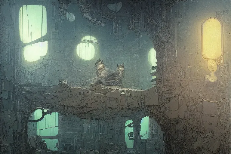 Prompt: A cat in the matrix, moody scene, highly detailed, intricate, sharp details, dystopian mood, by Victo ngai, David Rubín, Mike Mignola, Laurie Greasley, gaston bussiere, craig mullins, somber lighting, drawn by Giacomo Burattini, inspired by graphic novel cover art, 8k by RHADS