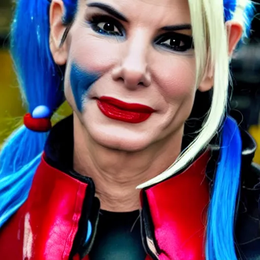 Prompt: Sandra bullock as harley quinn, 8k, high definition, highly detailed, photo-realistic