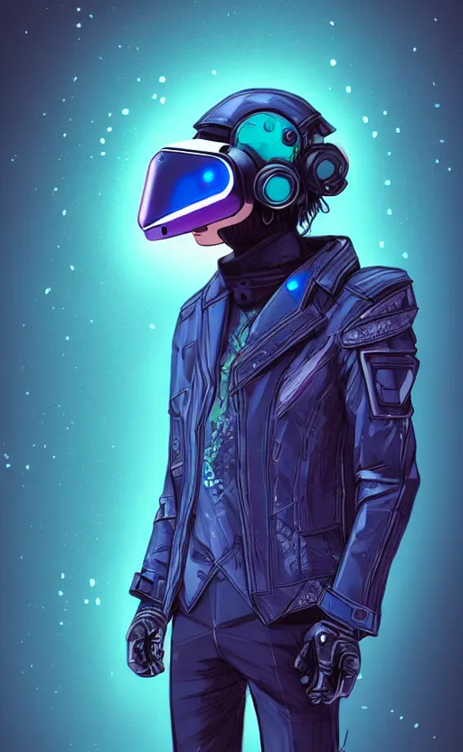 Image similar to wearing the cyberpunk vr helmet of the northern star, fashion, fancy suit, cosmic nova, expensive clothing, professional, teal helmet, naxy blue suit, illustration, style of yoshitaka amano, illustration, artstation, pixiv