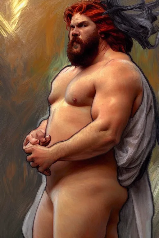 Image similar to painted portrait of rugged fat orange cat, god of thunder, greek god, masculine, powerful, handsome, upper body, white robe, muscular, fantasy, intricate, elegant, highly detailed, digital painting, artstation, concept art, smooth, sharp focus, illustration, art by gaston bussiere and alphonse mucha