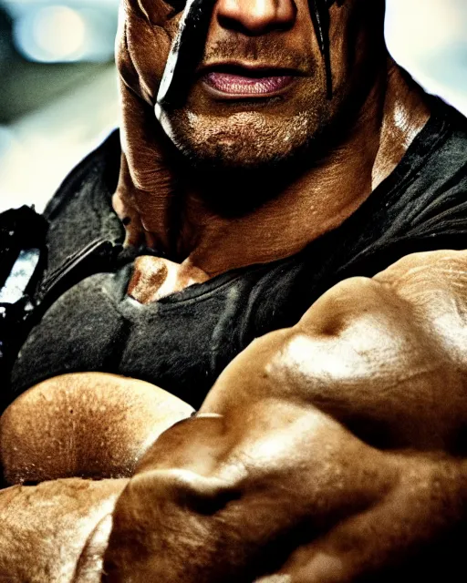 Image similar to film still close up shot of dwayne johnson as bane from the movie the dark knight rises. photographic, photography