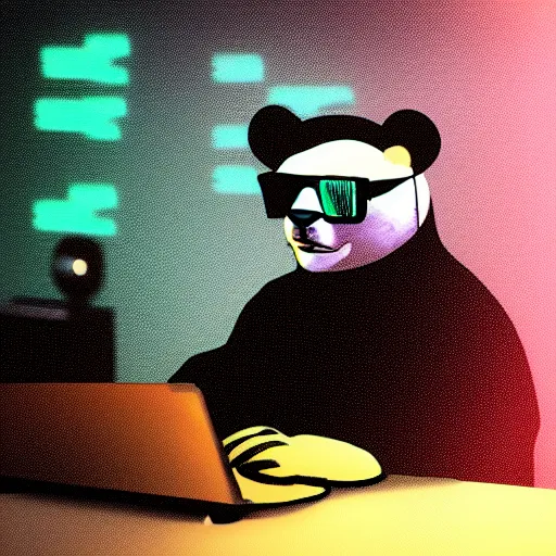 Prompt: a panda wearing metal frame glasses is coding in front of the desk, there are Mac Studio computer, a bottle of coffee and some closed books on the desk, foggy, mystery code, Cyberpunk, neon light, 4k, hd, highly detailed