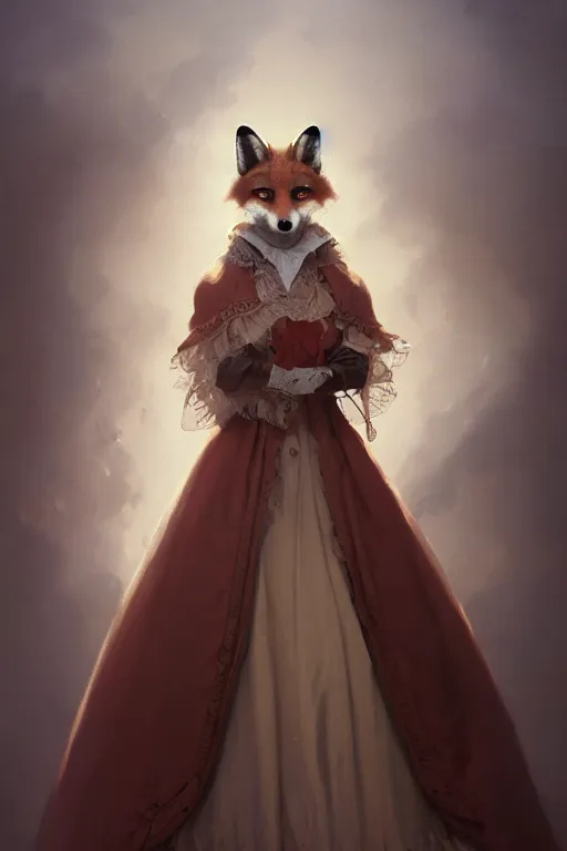 Prompt: portrait of an anthropomorphic fox in a victorian - era ballgown, dramatic lighting, highly detailed, digital painting, artstation, concept art, smooth, sharp focus, illustration, art by wlop, mars ravelo and greg rutkowski
